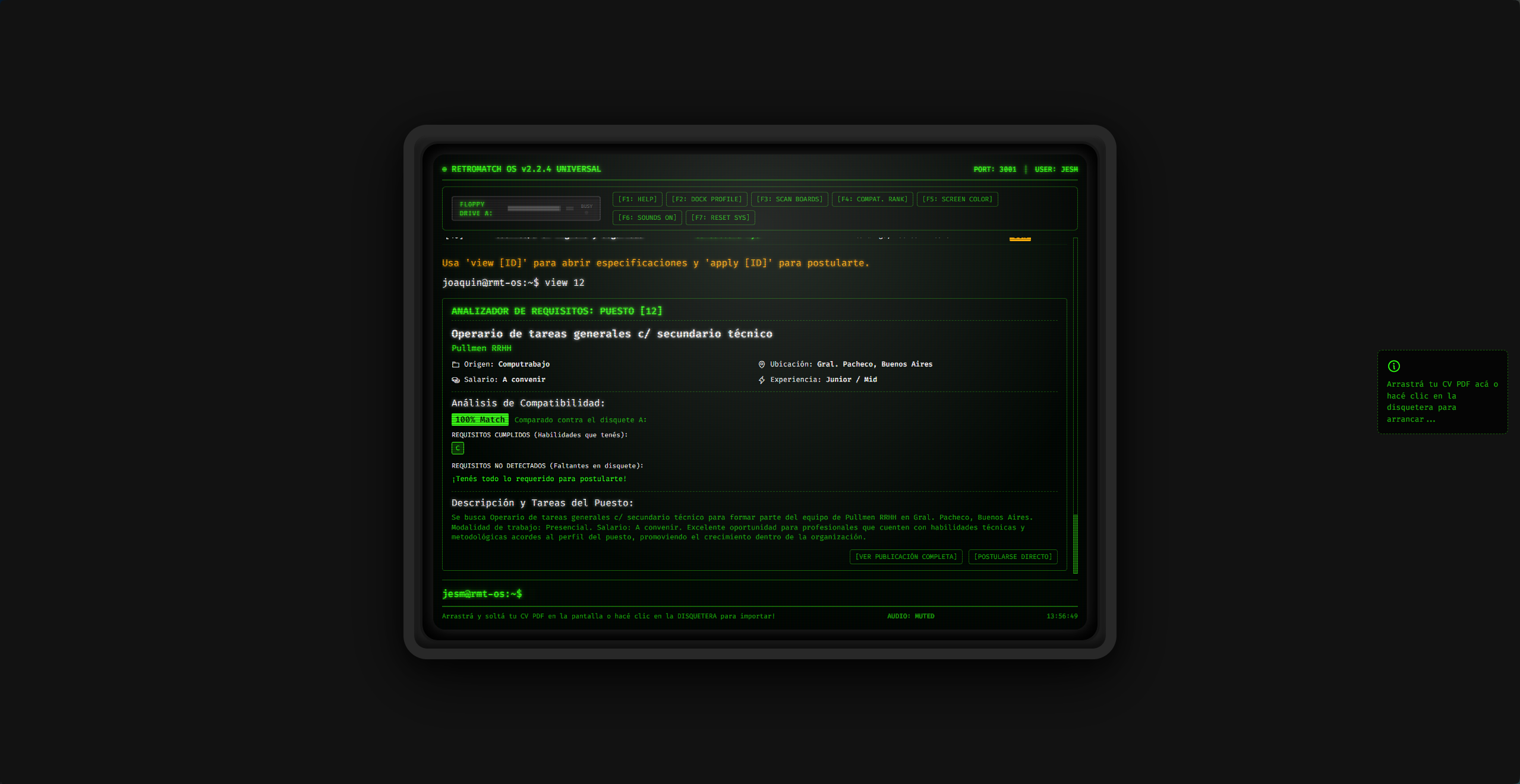 Pantalla de Terminal CRT RetroMatch OS - Resultados